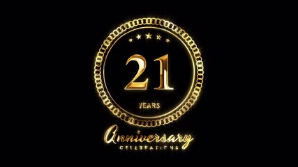 21st Anniversary Celebration. Happy 21 Years Anniversary Animation in Gold Color on the Transparent Background, Alpha Channel. Great for greetings, celebrations, events, and gifts.