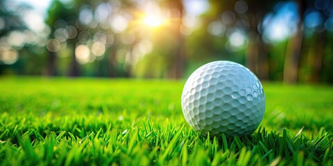 Obraz premium Golf ball resting on green grass , sport, leisure, golfing, recreation, outdoor, activity, equipment, summer, relaxation