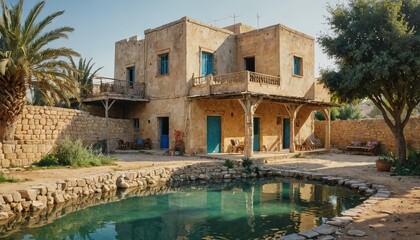 Fototapeta premium Traditional Middle Eastern House with Pool and Palm Trees.