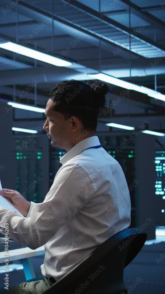 Poster vertical video system administrator in data center maintaining accurate paperwork of hardware, gener