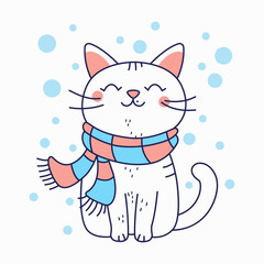 Cute Cat Cartoon Wearing Blue Scarf in Snow Winter Season with Smile Expression