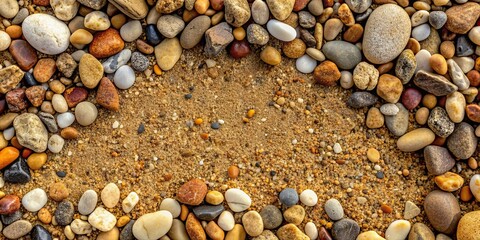 Naklejka premium Top view of various pebbles and rocks scattered on gravel and soil background, stones, pattern, abundance, pebbles, rocks, gravel