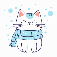 Cute Cat Cartoon Wearing Blue Scarf in Snow Winter Season with Smile Expression