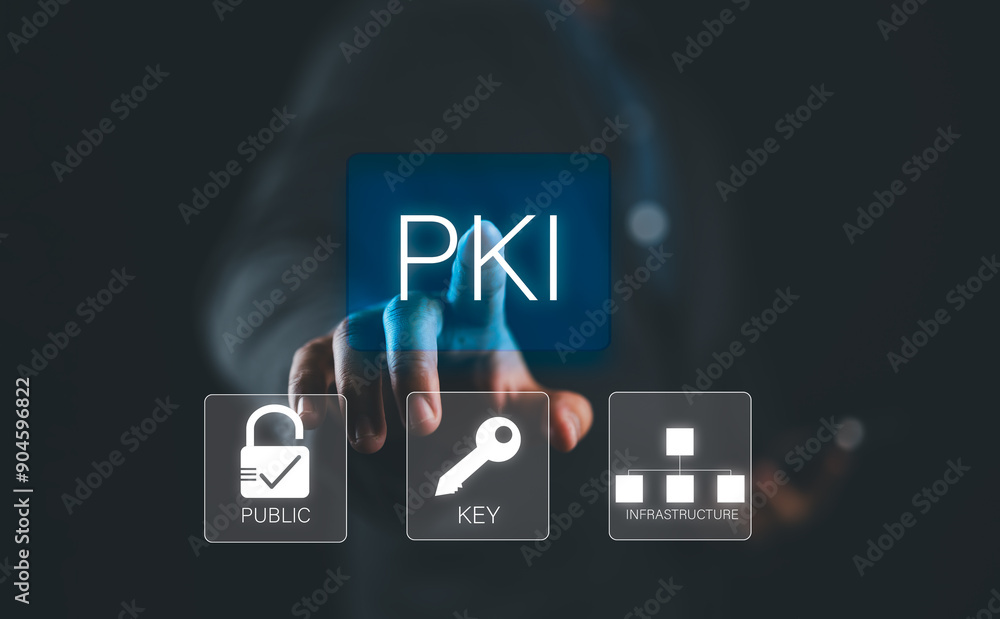 Poster pki, public key infrastructure business concept. information security technology. person touching pk