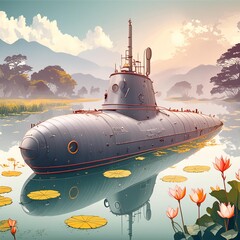 It's a fantasy cartoon submarine, half submerged in a small pond with water lilies on a misty sunrise/sunset. 