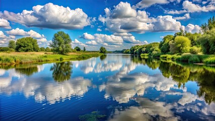 Summer river landscape with fluffy clouds reflecting on the water, river, landscape, summer, clouds, reflection, nature