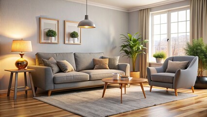 Cozy grey sofa and armchair in a warmly lit living room, cozy, grey, sofa, armchair, glowing lamps, interior, living room