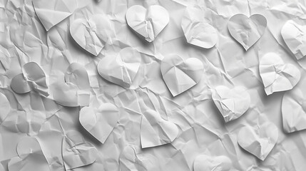 Fragile Hearts: A delicate and textured image of paper hearts scattered on crumpled paper, symbolizing the fragility of love and relationships.  