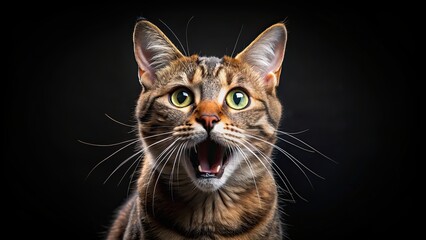 Obraz premium Cat with mouth wide open on black background, feline, animal, domestic, cute, teeth, whiskers, fur, angry, aggressive