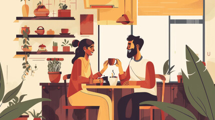 Fototapeta premium Happy Indian couple sharing a morning coffee at their cozy home