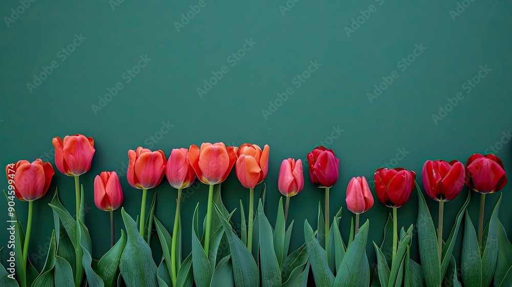 Aufkleber a row of red and orange tulips are arranged on a green background. the flowers are in full bloom and