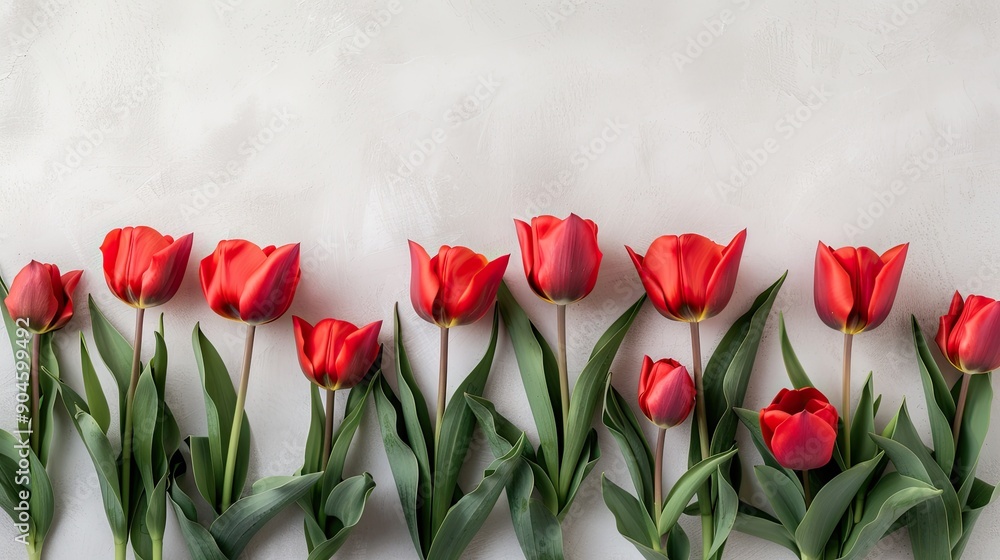 Poster a row of red tulips with green stems. the flowers are arranged in a line and are all facing the same