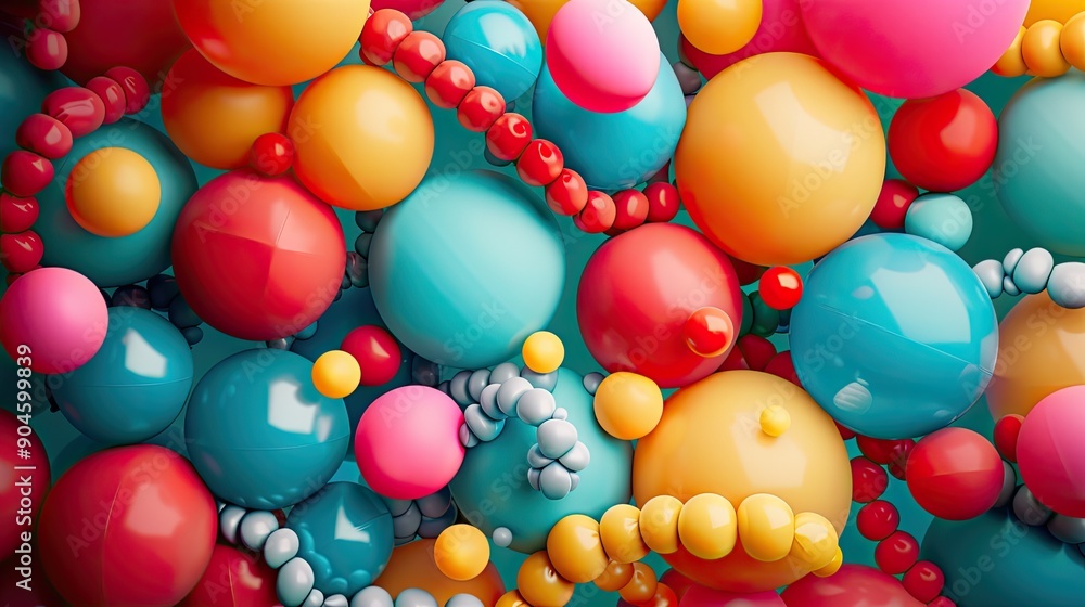 Poster a colorful image of many different colored balloons. the balloons are in various sizes and colors, c
