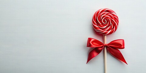 Red candy on a stick with a decorative bow , sweet, treat, sugary, delicious, festive, party, celebration, gift, present