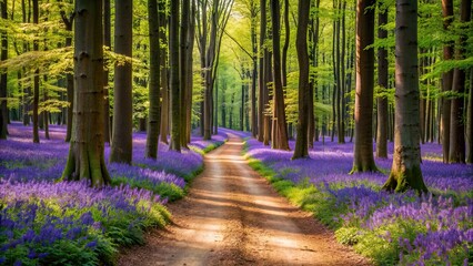 Path winding through forest with tall trees and purple flowers blooming alongside, Nature, landscape, tranquil, serene, scenic