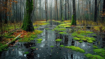 A forest with a stream of water running through it. The water is murky and green, and the trees are tall and leafy. Scene is peaceful and serene, with the water and trees creating a calming atmosphere