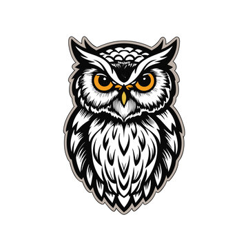 recommend clip art: A black and white line art illustration of an Aegolius funereus owl with sharp features.