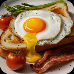 fried eggs with bacon and vegetables