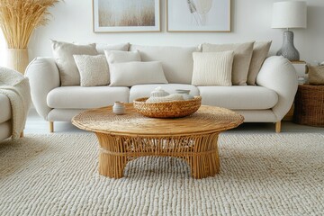 Interior of light living room with sofas, rattan table and soft carpet , ai