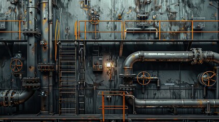 Industrial zone, Steel pipelines, valves and ladders. copy space for text. copy space for text.