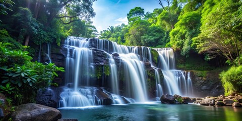 Serene waterfall cascading through lush forest environment, waterfall, forest, nature, peaceful, serene, waterfall, stream