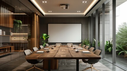 Modern conference room with large table, comfortable chairs, projector screen, and natural lighting for professional meetings.