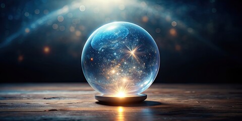 Crystal ball with glowing mystical energy, casting a soft light in a dark room, enchantment, magic, divination
