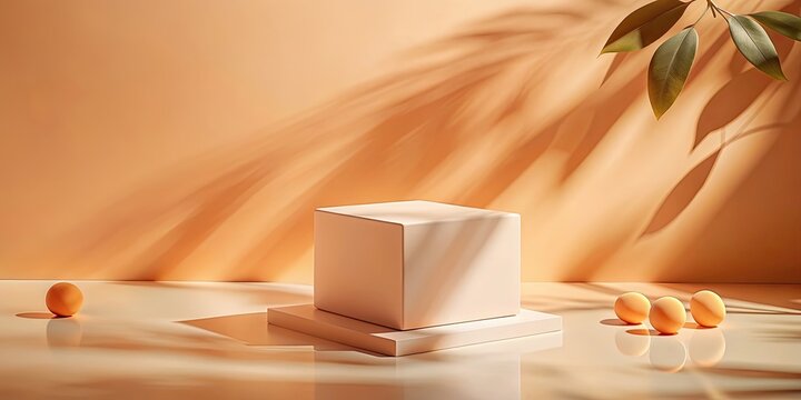 Empty cube podium for cosmetics with apricot crush background under daylight , apricot crush, cube, podium, cosmetic