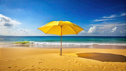 Fototapeta premium Yellow umbrella standing on a sandy beach with ocean in the background, yellow, umbrella, beach, sand, ocean, sunny day, vacation