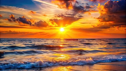 Fototapeta premium Beautiful sunset over the sea, with orange sunlight reflecting on the waves at the beach , sundown, evening sky, ocean, horizon