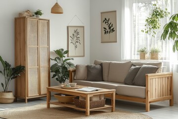 Fototapeta premium Light living room with folding screen, comfortable sofa, coffee table and chest of drawers, ai