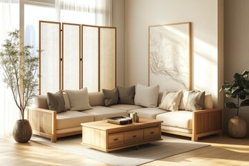 Light living room with folding screen, comfortable sofa, coffee table and chest of drawers, ai