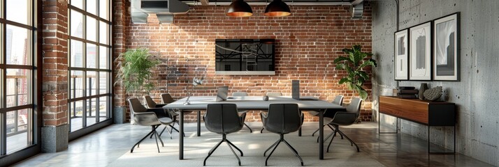 Modern industrial conference room with exposed brick walls, large windows, and contemporary furniture, ideal for meetings and collaborations.