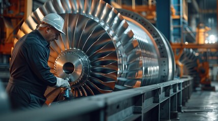 Worker checks turbine impeller vanes on factory. industry concept. copy space for text.