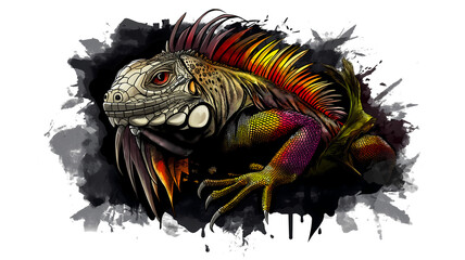 An iguana seems to come out of the picture like a dragon. The reptile is isolated on a white background. Transparent png image