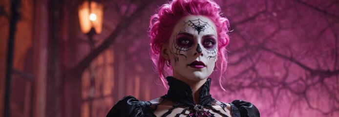 Woman in Black Dress with Pink Hair and Skull Makeup.