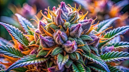 Obraz premium Extreme close-up shot of Royal Gorilla cannabis strain buds and flowers, showcasing intricate details and vibrant colors