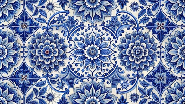 Delft blue seamless pattern with vintage dutch tile decor, featuring floral designs, Delft, blue, seamless pattern, dutch