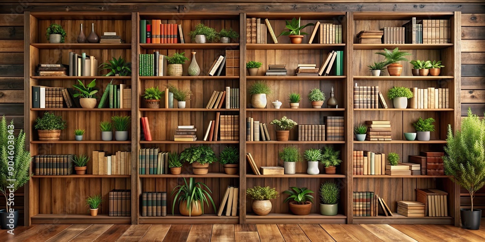 Wall mural Virtual background featuring a wooden bookshelf filled with various books, plants, and decorative items , virtual