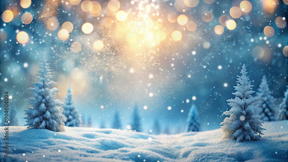 Wall mural Winter wonderland scene with gentle snowfall and enchanting bokeh lights , Christmas, festive, background, snow