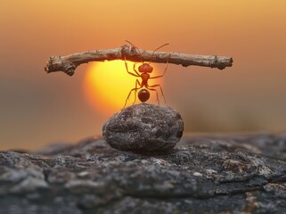 Ant Holding Up Two Sticks Above Its Head on Top of Rock with Sun Setting in Background, Hyper Realistic Macro Photography

