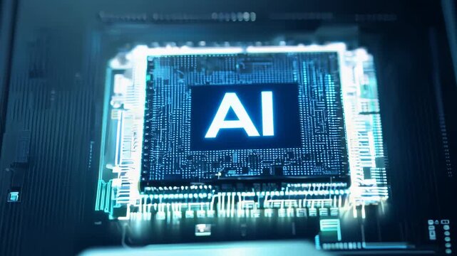 AI glowing microchip colorful computer chip processor computation power machine learning silicon hi-tech powerful imagination creativity tech technological computing progress development technology