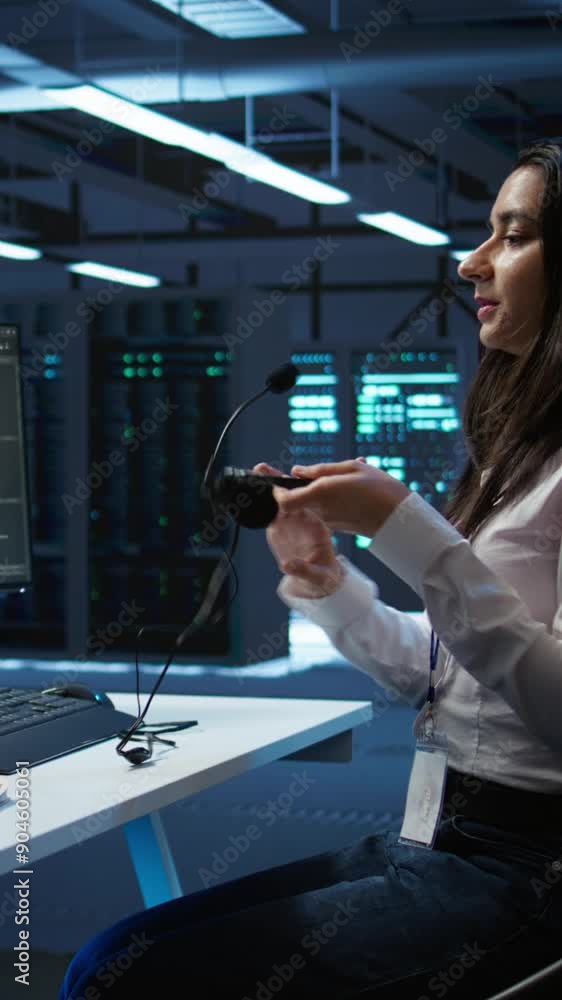 Poster vertical video technician in data center provides technical support to users, troubleshooting issues