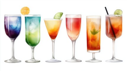 Watercolor illustration of drinks and cocktails collection on white background	