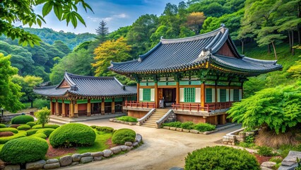 Fototapeta premium Tranquil Bongeunsa Temple surrounded by lush greenery, located in Gangnam district of Seoul, South Korea
