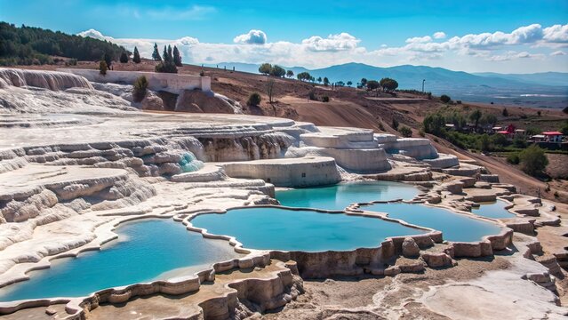 A stunning natural wonder in Turkey known for its travertine terraces and thermal springs, Pamukkale
