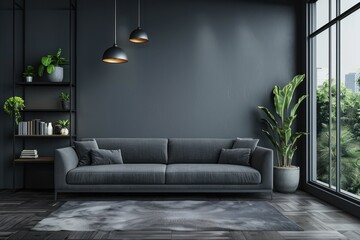 Modern Living Room with Gray Sofa and Plants