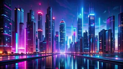 Futuristic cityscape at night with vibrant neon lights reflecting off buildings and streets , cityscape, futuristic