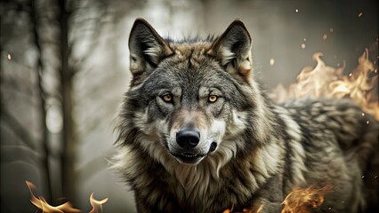 Dangerous bloody wolf engulfed in flames, wolf, fire, dangerous, animal, predator, blood, aggressive, burning, wild, fierce, fiery