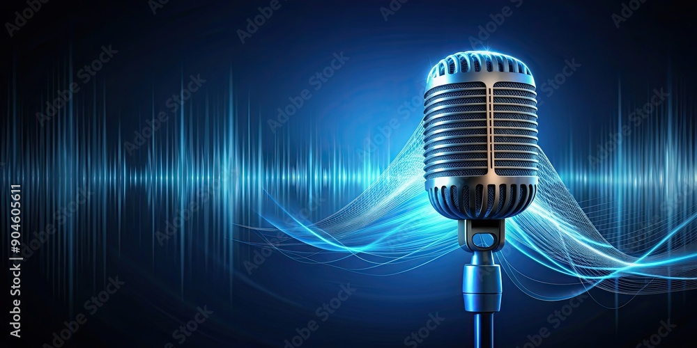 Wall mural Microphone emitting frequency on blue background for podcast recording and music production, podcast, microphone, audio